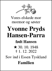Dødsannoncen for Yvonne Pryds
Hansen-Parra - Essen Tyskland
