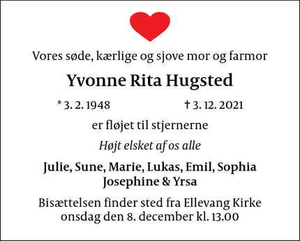Dødsannoncen for Yvonne Rita Hugsted - København V